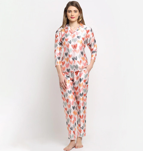 Women Cream & Red Printed Silk Satin Night Suit
